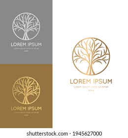emblemas de los árboles dorados y plateados. Ilustración moderna. Vector aislado. Ideal para logotipo, monograma, invitación, volante, menú, folleto o cualquier idea deseada.