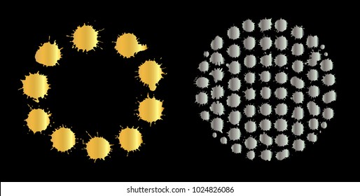Golden and silver vector paint splats set. Gold grunge elements. Golden silver inky blot set