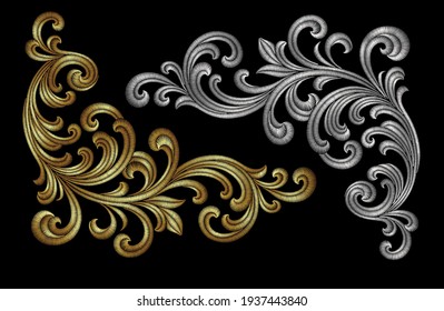 Golden and silver victorian embroidery vintage ornaments. Stitch texture fashion print patch gold and silver baroque design elements  