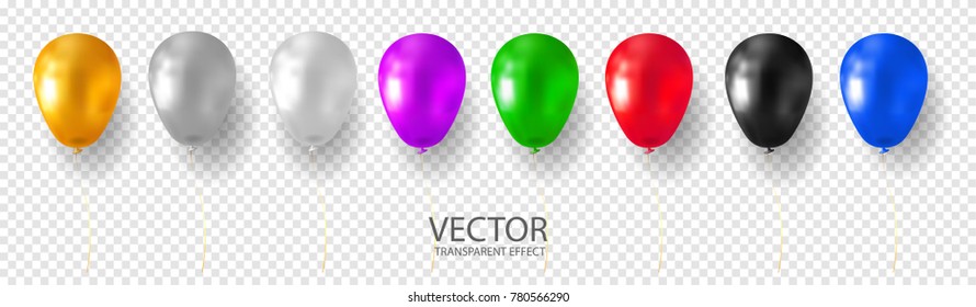 Golden, Silver, White, Grey, Purple, Blue, Cyan Red, Green, Black multicolored helium balloon set realistic vector stock illustration on transparent background. 3D shine balloon for Birthday party.