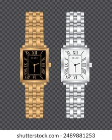 Golden and silver wristwatches with Roman numerals vector