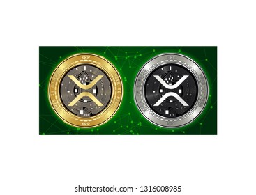 Golden and silver XRP cryptocurrency coins on blockchain green background. XRP cryptocoin color concept. Schematic green blockchain