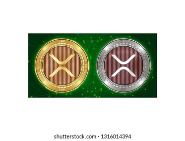 Golden and silver XRP cryptocurrency coins on blockchain green background. XRP cryptocoin color concept. Schematic green blockchain