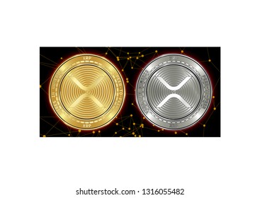 Golden and silver XRP cryptocurrency coins on blockchain black background. XRP cryptocoin concept. Schematic black blockchain