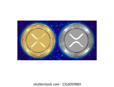 Golden and silver XRP cryptocurrency coins on blockchain blue background. XRP cryptocoin concept. Cryptocurrency coins with XRP symbol. Schematic blue blockchain