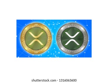 Golden and silver XRP cryptocurrency coins on blockchain blue background. XRP cryptocoin concept. Schematic blue blockchain