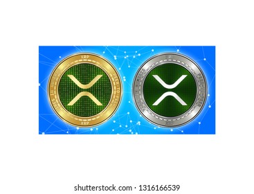 Golden and silver XRP cryptocurrency coins on blockchain blue background. XRP cryptocoin concept. Schematic blue blockchain