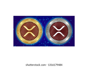 Golden and silver XRP cryptocurrency coins on blockchain blue background. XRP cryptocoin concept. Schematic blue blockchain