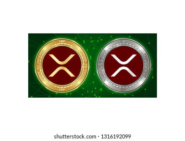 Golden and silver XRP cryptocurrency coins on blockchain green background. XRP cryptocoin color concept. Schematic green blockchain