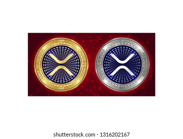 Golden and silver XRP cryptocurrency coins on blockchain red background. XRP cryptocoin concept. Schematic red blockchain