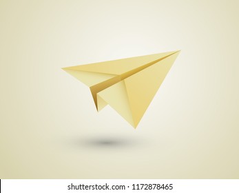 A golden simple folded paper plane flying icon on yellow background vector illustration