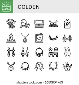 golden simple icons set. Contains such icons as Treasure, Eye of ra, Seller, Gold, Vip, Great buddha of thailand, Necklace, Wedding card, can be used for web, mobile and logo