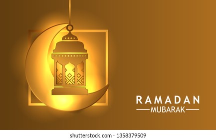 golden simple luxury glow lantern with crescent for islamic event ramadan kareem and mubarak. Poster, banner, flyer, background, greeting card. Vector illustration