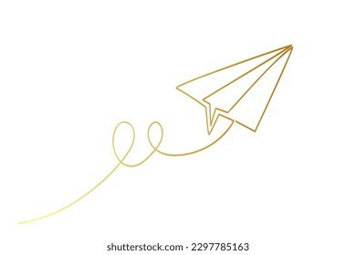 golden single or continuous line of vector paper plane
