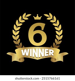 Golden Sixthwinner badge featuring the number six, laurel wreath, and a crown. Perfect for illustrating achievement, runner-up awards, or competitive results in various designs.