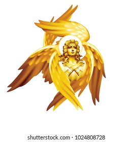 Golden six-winged seraphim monochrome on a white background