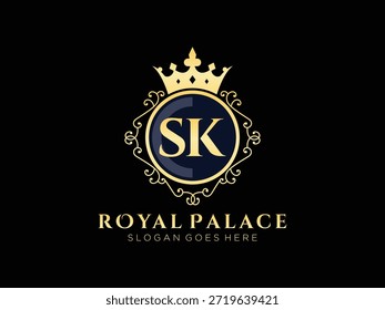 Vector de oro del logotipo de la cresta real inicial de sk para el emblema y el ornamento heráldicos de la compañía boutique de la joyería de la marca del hotel de moda