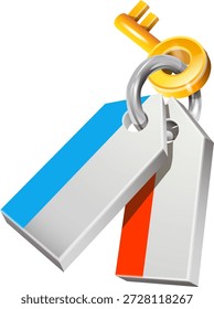 Golden skeleton key on a silver metal ring attached to blank blue and red hanging price tags or identification labels on transparent background