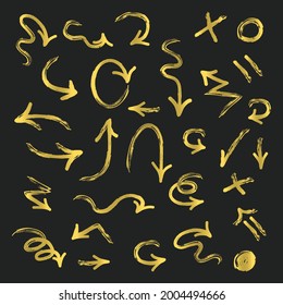 Dibujo dorado dibujado a mano con flechas de dirección de doodle aleatorias sobre fondo negro