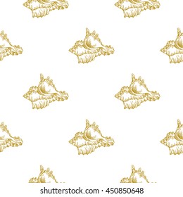 Golden sketch seashell decor seamless pattern. Vector illustration for your design