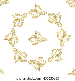 Golden sketch seashell decor seamless pattern. Vector illustration for your design