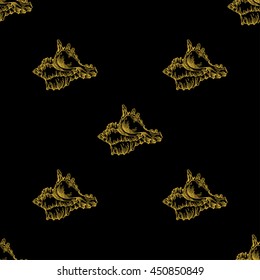 Golden sketch seashell decor seamless pattern. Vector illustration for your design