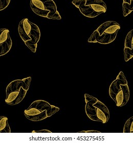 Golden sketch seashell decor seamless pattern. Vector illustration for your design