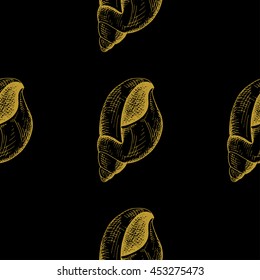 Golden sketch seashell decor seamless pattern. Vector illustration for your design