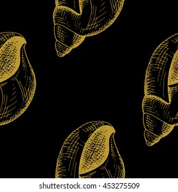 Golden sketch seashell decor seamless pattern. Vector illustration for your design
