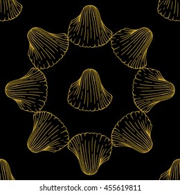 Golden sketch seashell decor seamless pattern. Vector illustration for your design