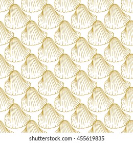 Golden sketch seashell decor seamless pattern. Vector illustration for your design