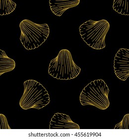Golden sketch seashell decor seamless pattern. Vector illustration for your design