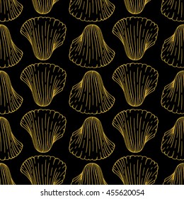 Golden sketch seashell decor seamless pattern. Vector illustration for your design