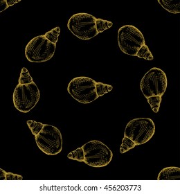 Golden sketch seashell decor seamless pattern. Vector illustration for your design