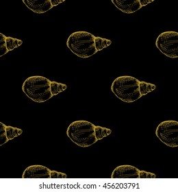 Golden sketch seashell decor seamless pattern. Vector illustration for your design
