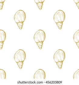 Golden sketch seashell decor seamless pattern. Vector illustration for your design