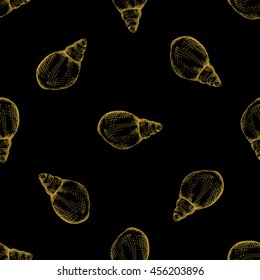 Golden sketch seashell decor seamless pattern. Vector illustration for your design