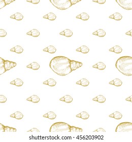 Golden sketch seashell decor seamless pattern. Vector illustration for your design