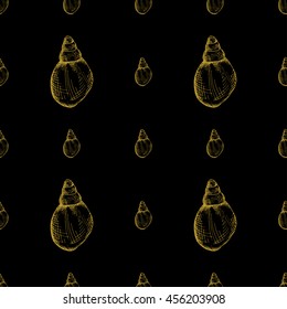 Golden sketch seashell decor seamless pattern. Vector illustration for your design