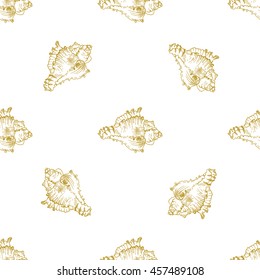 Golden sketch seashell decor seamless pattern. Vector illustration for your design