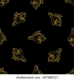 Golden sketch seashell decor seamless pattern. Vector illustration for your design