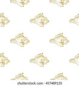 Golden sketch seashell decor seamless pattern. Vector illustration for your design