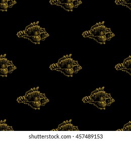 Golden sketch seashell decor seamless pattern. Vector illustration for your design