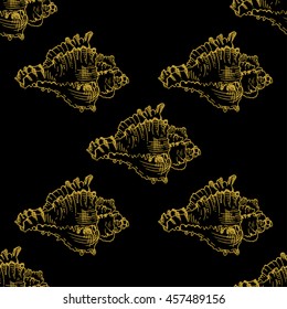 Golden sketch seashell decor seamless pattern. Vector illustration for your design