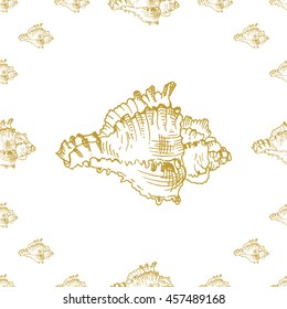 Golden sketch seashell decor seamless pattern. Vector illustration for your design