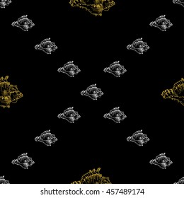 Golden sketch seashell decor seamless pattern. Vector illustration for your design