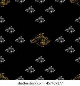 Golden sketch seashell decor seamless pattern. Vector illustration for your design