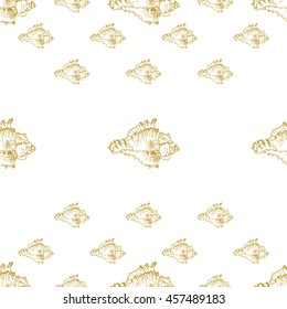 Golden sketch seashell decor seamless pattern. Vector illustration for your design