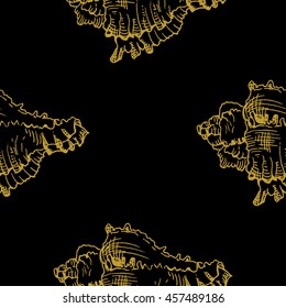 Golden sketch seashell decor seamless pattern. Vector illustration for your design