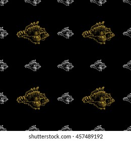 Golden sketch seashell decor seamless pattern. Vector illustration for your design